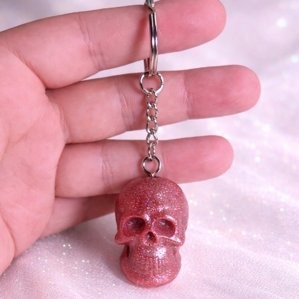 Handmade Resin Glittery Pink Skull  Head Keychain